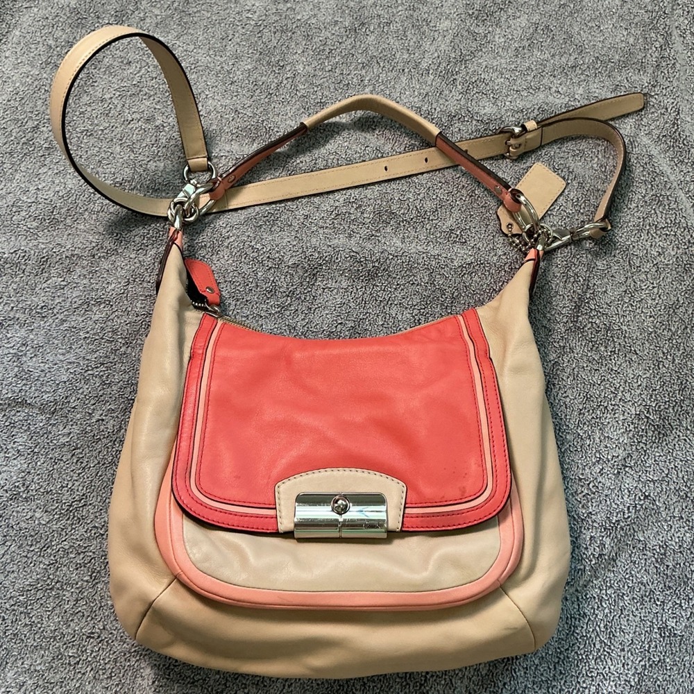 Coach Leather Hobo Crossbody Bag Beige Coral Pink F22509